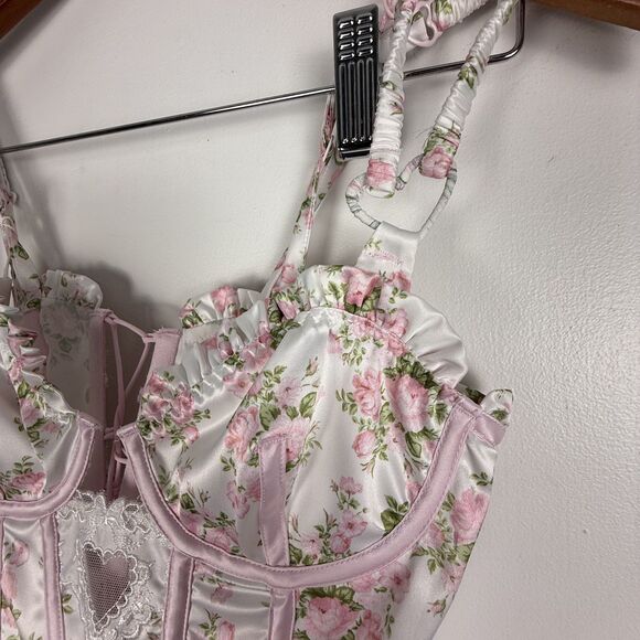 For Love & Lemons Naima Bustier Corset Top – Pink Floral Lace-Up Ribbon Tie - Picture 10 of 12